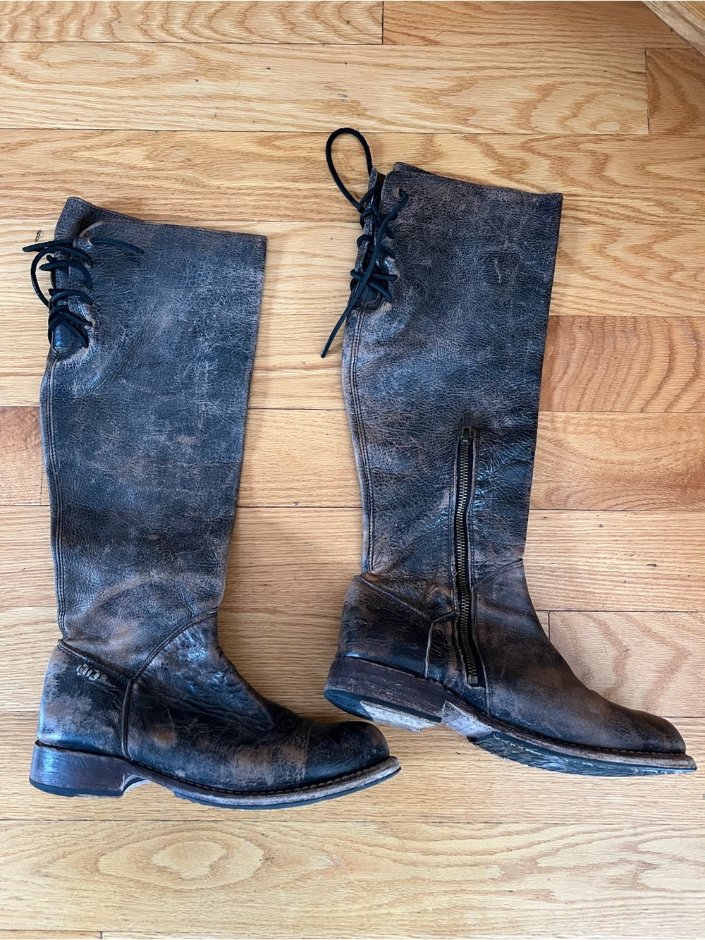 Bed Stu Over-the-Knee Distressed Brown Leather Lace-Up Boots
